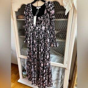Cupids and Flowers  Long Sleeve Maxi Dress in Pink and Black silky